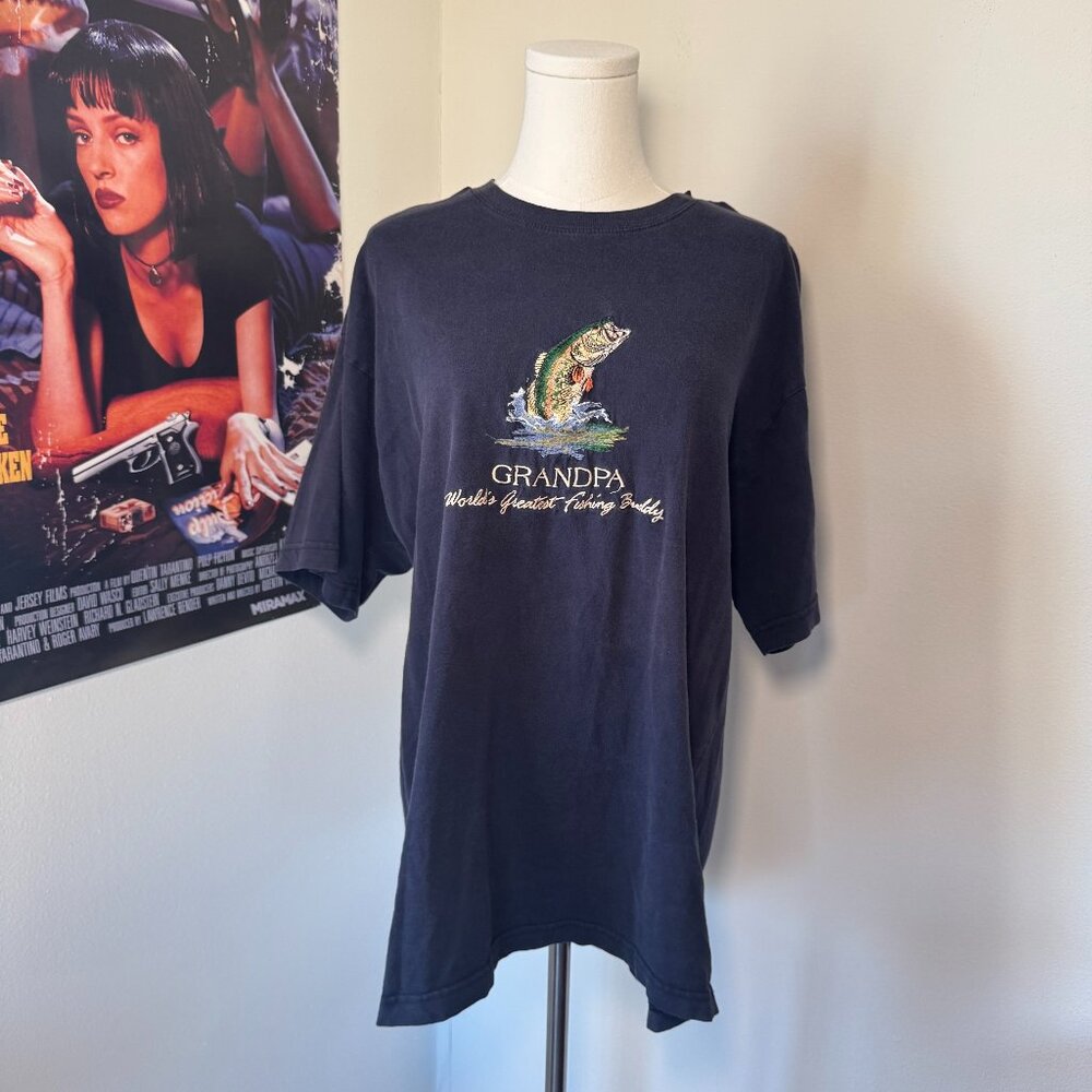 Vintage Embroidered Grandpa World's Greatest Fishing Buddy Navy Short Sleeve Tee